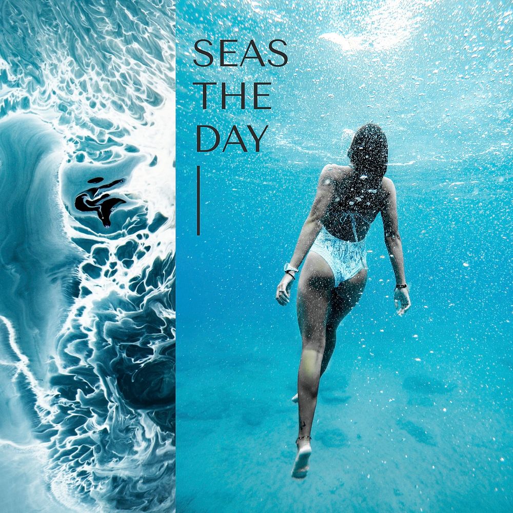 Woman underwater Instagram post template, travel aesthetic vector