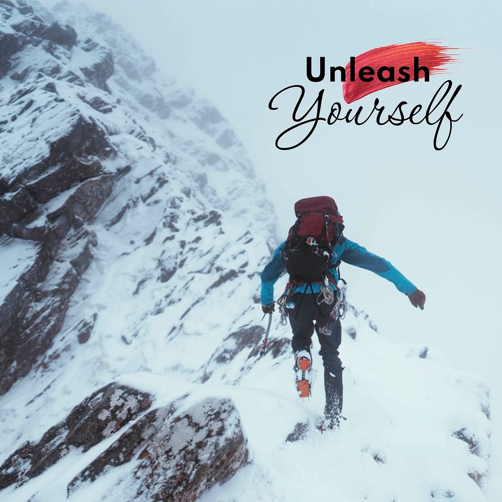 Mountain hiking Instagram post template, unleash yourself quote vector
