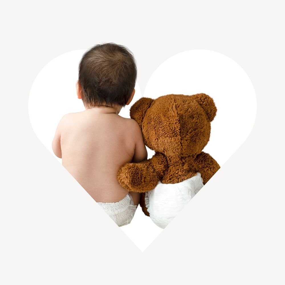 Baby and teddy bear, heart shaped badge, people collage element psd