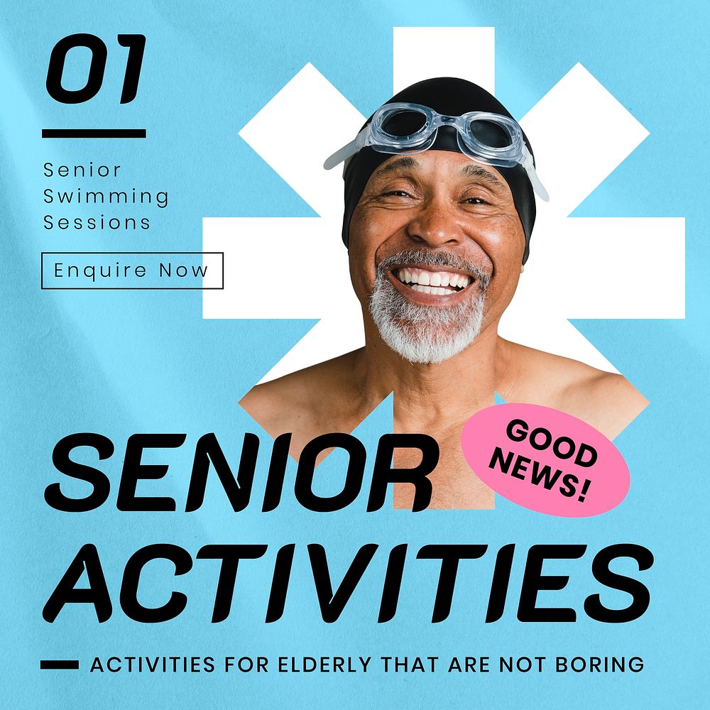Senior activity Instagram post template, blue design vector