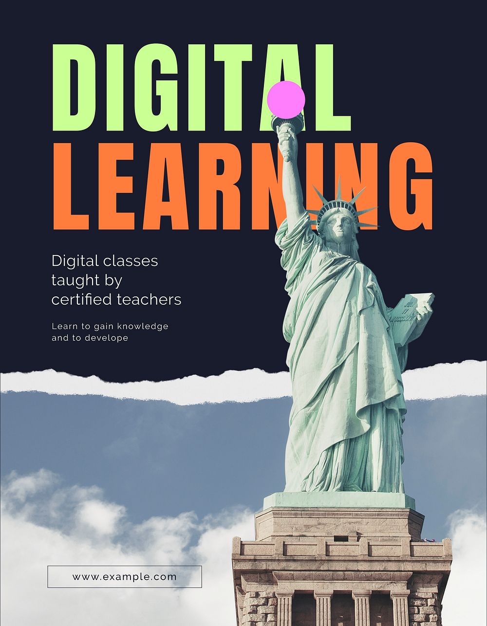 Digital learning flyer editable template, Statue of Liberty photo psd