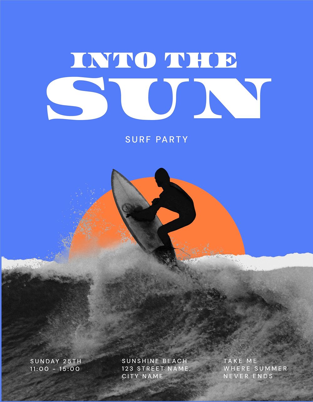 Surfing aesthetic flyer editable template, sunset remix psd