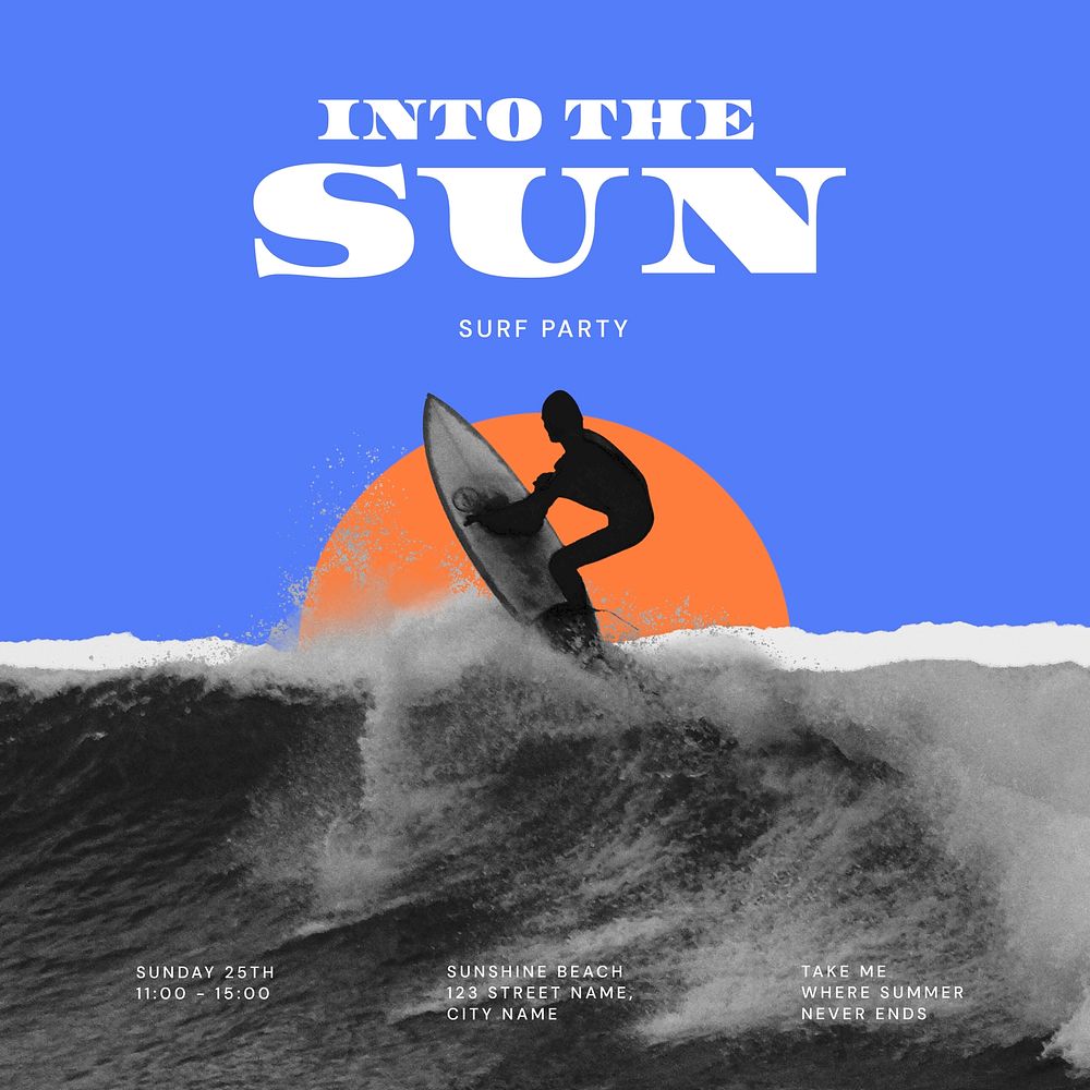 Surfing aesthetic Instagram post template, sunset remix vector