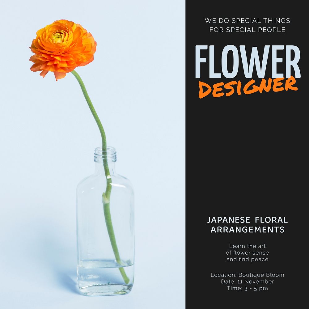 Flower designer Instagram post template,  event advertisement vector