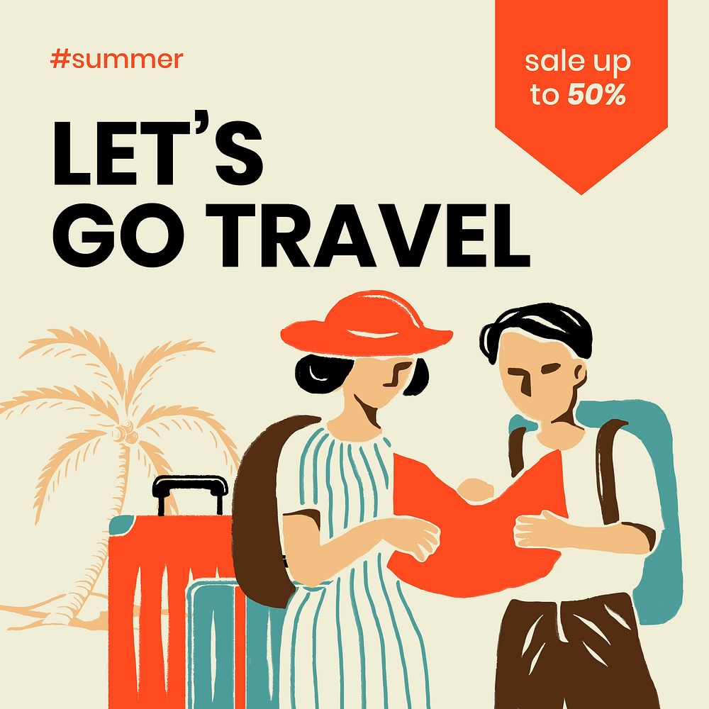 Retro travel Instagram post template,  summer vacation vector