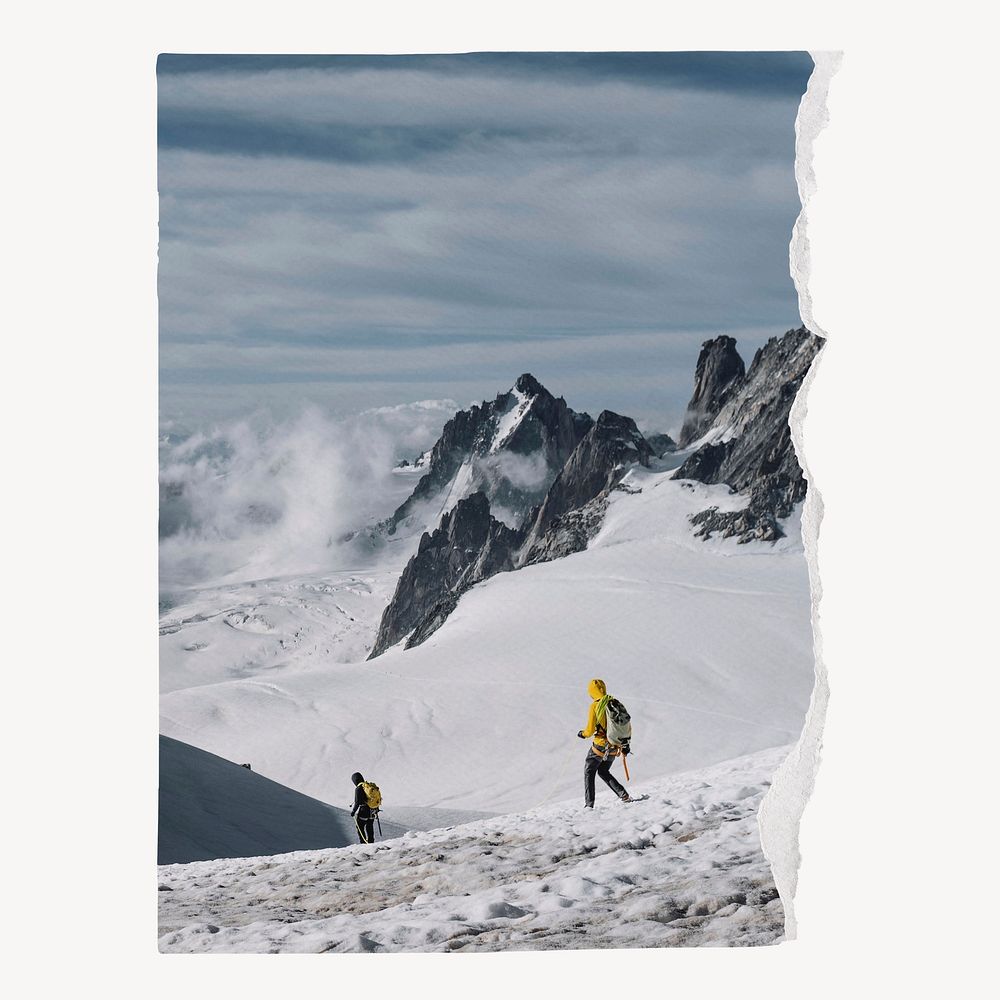 Winter climbing collage element, ripped paper design psd