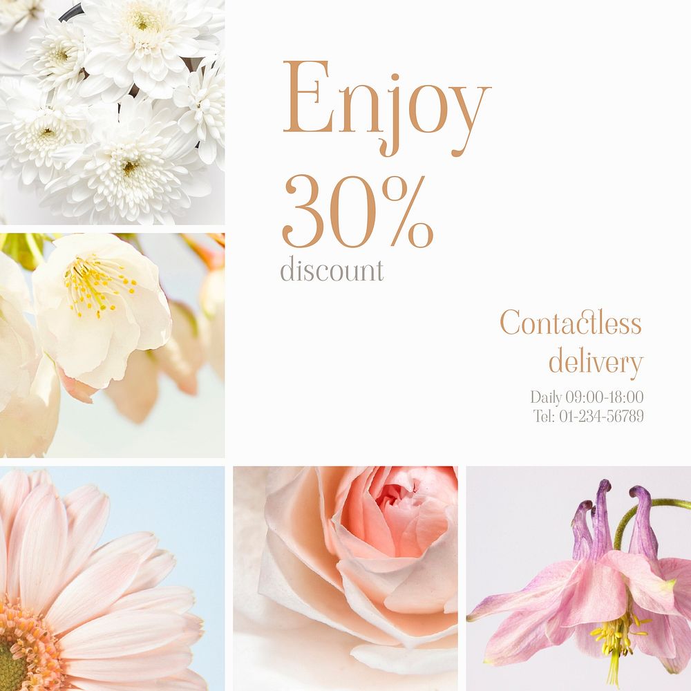 Flower collage Instagram post template, sale ad vector