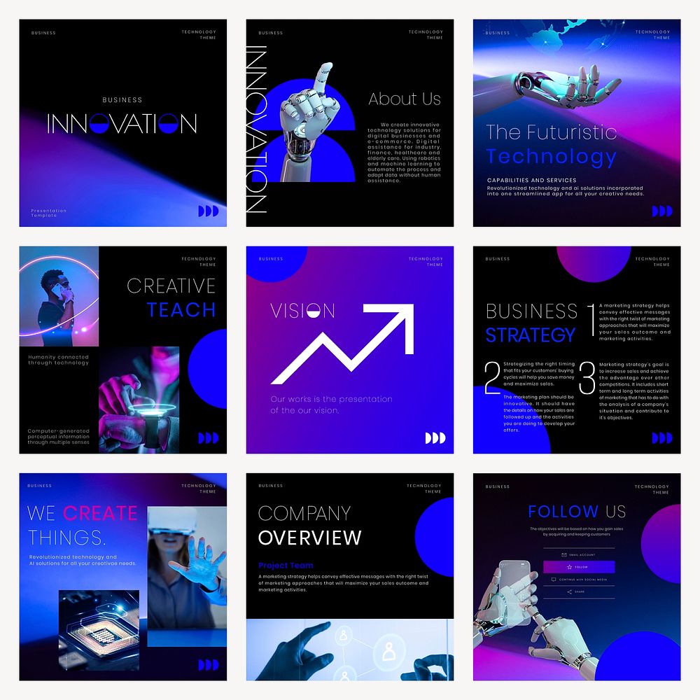 Neon technology Instagram post template, business branding set vector