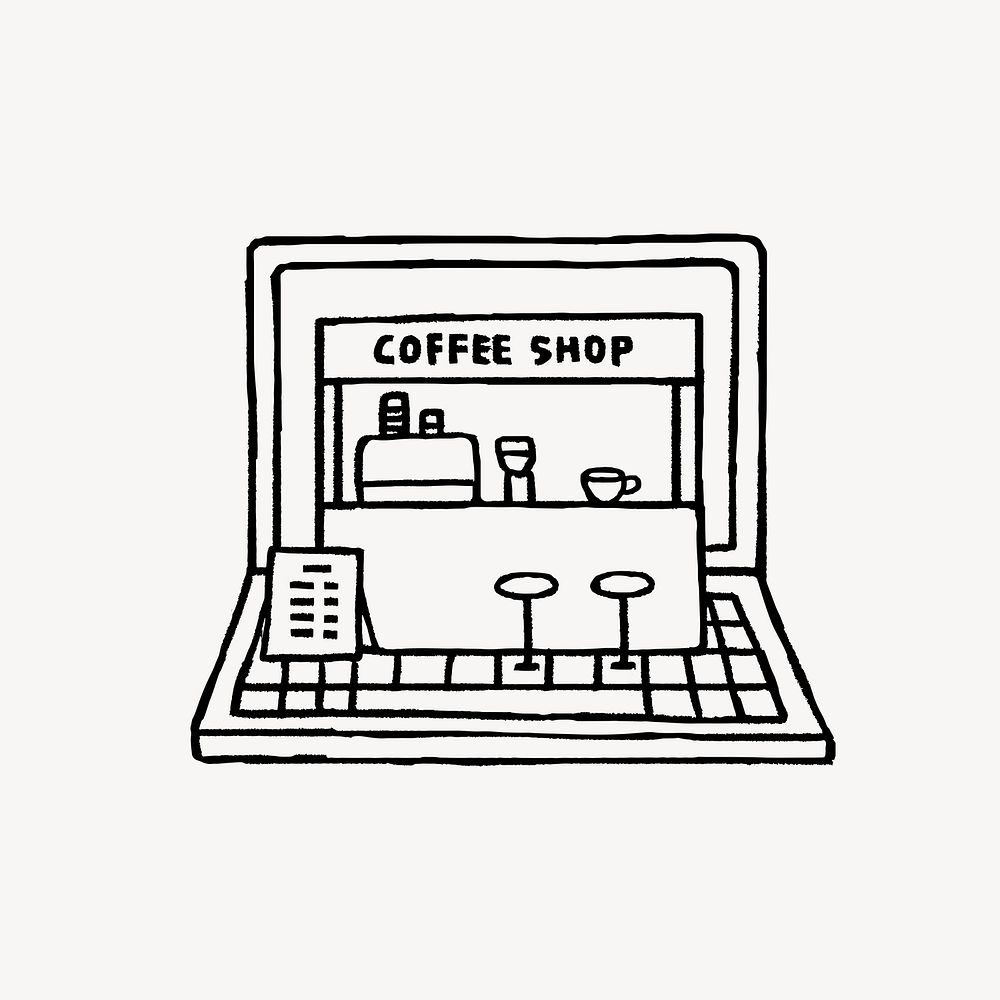 Online coffee shop doodle, collage element psd