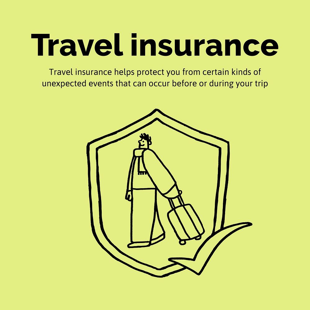 Travel insurance Facebook post template, cute doodle vector