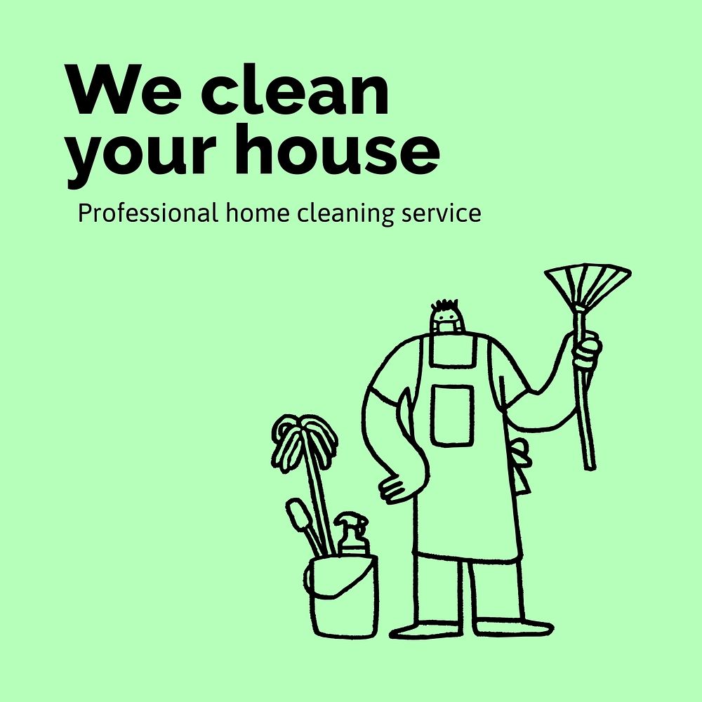 Cleaning service Facebook post template, cute doodle vector