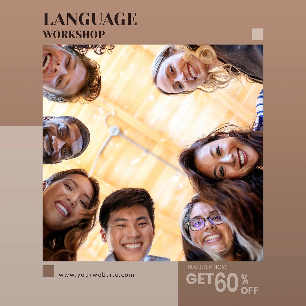 Language workshop social media advertisement template vector