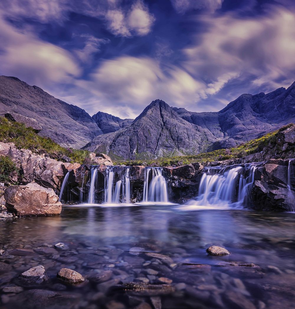 Waterfall, mountains, clouds, river, plants. Original public domain image from Wikimedia Commons