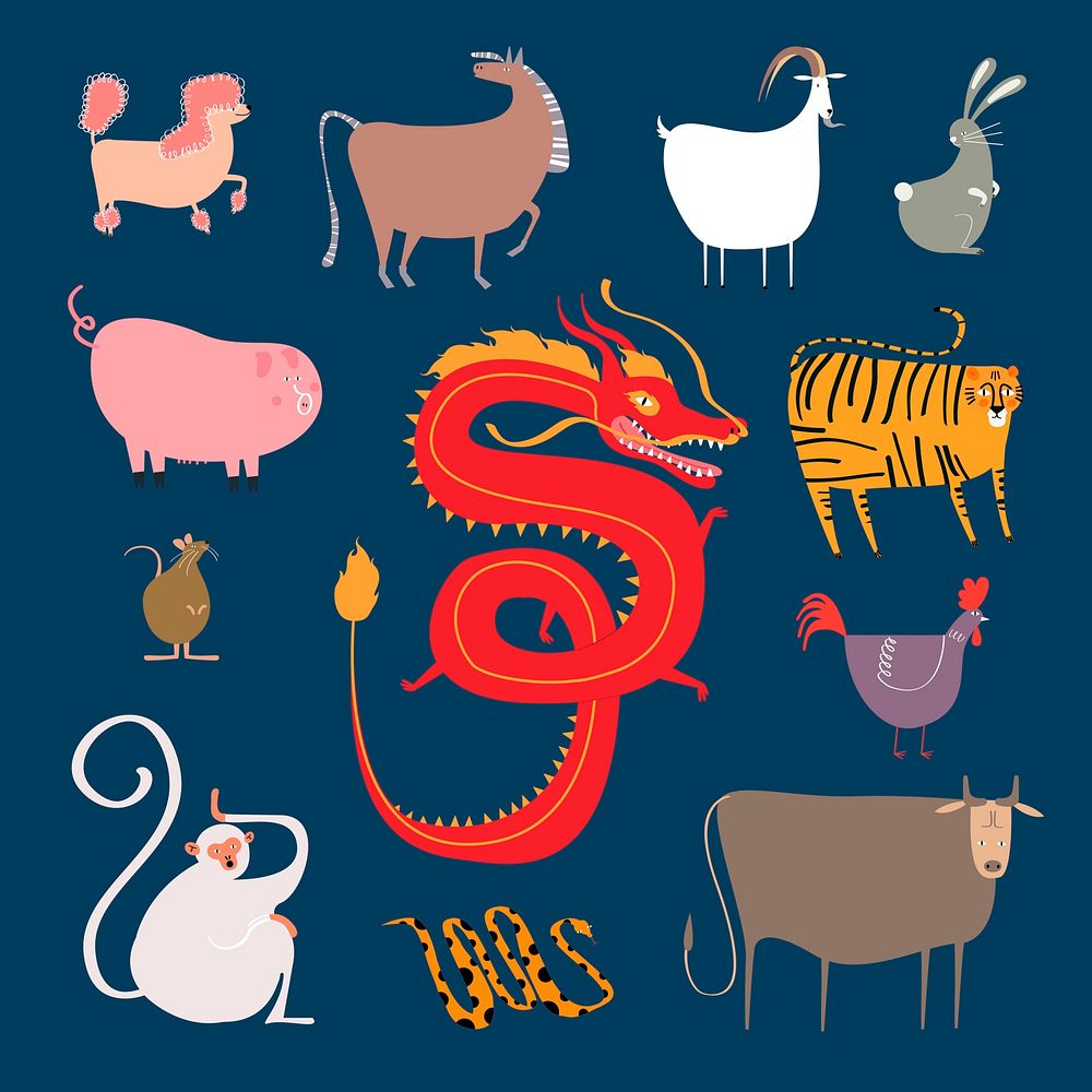Chinese zodiac animals vector on blue background sticker set