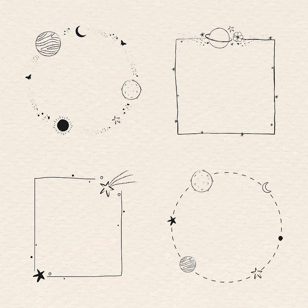 Minimal line art galaxy frame illustrations set
