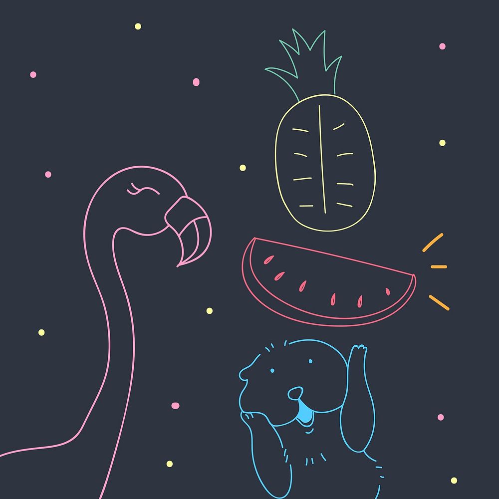 Summertime animal and fruit doodle vector
