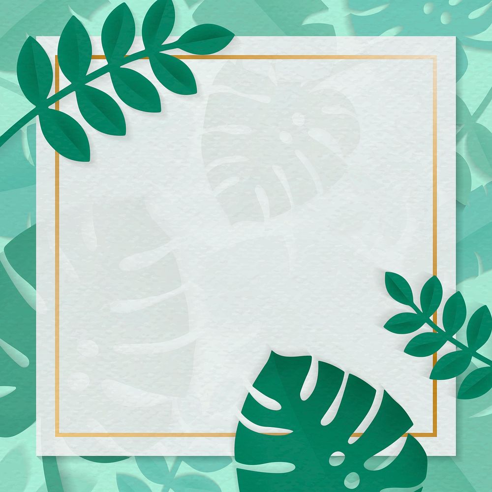 Bronze sqaure frame on a green tropical leaves patterned background vector