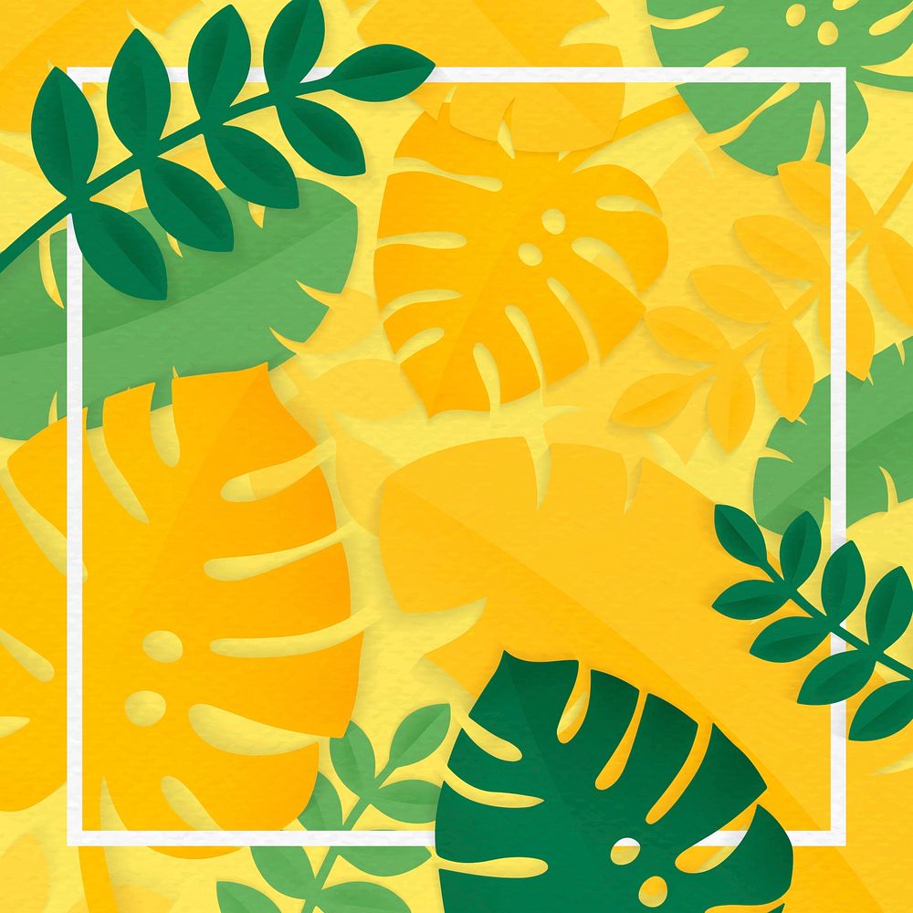White sqaure frame on yellow tropical leaves patterned background vector