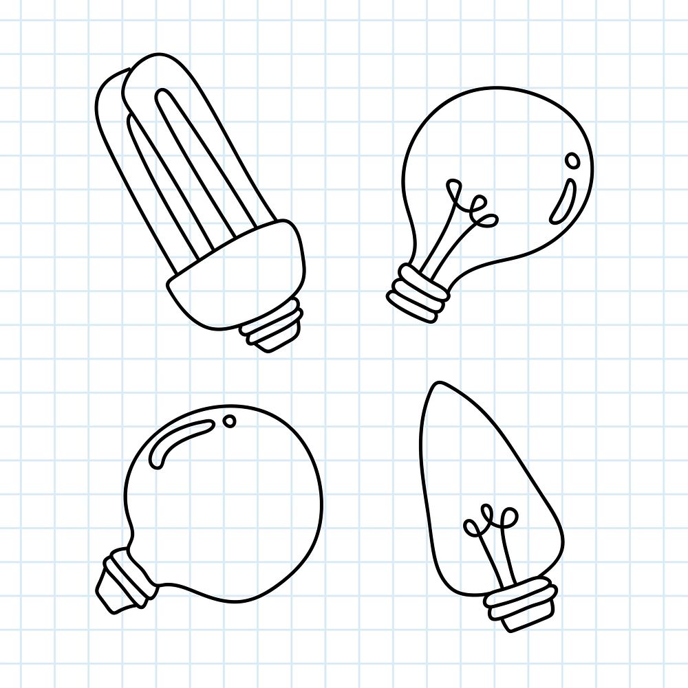 Creative light bulb doodle on grid background vector collection