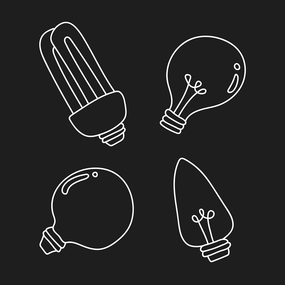 Creative light bulb doodle on black background vector collection