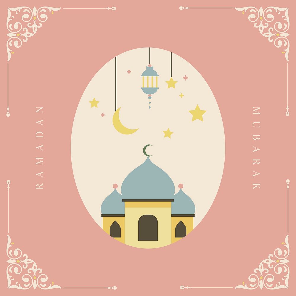 Pastel Ramadan Mubarak background with Islamic floral corners