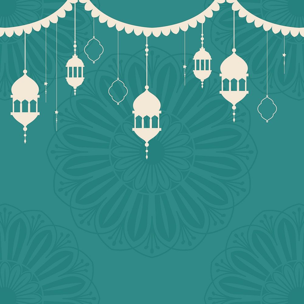 Green Ramadan Kareem background with lantern lights and Islamic flowers