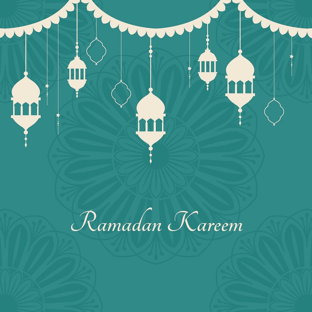 Green Ramadan Kareem background vector with lantern lights and Islamic flowers