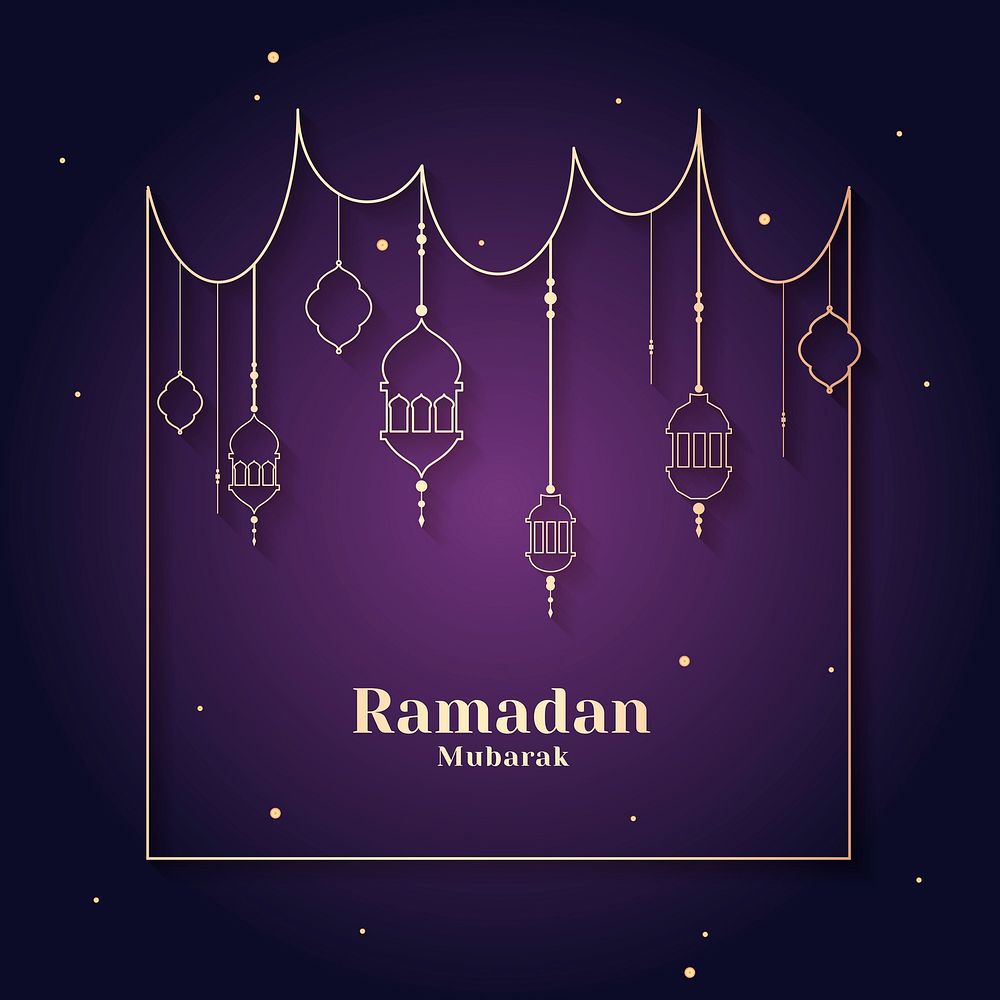 Purple Ramadan Mubarak frame with beautiful lanterns