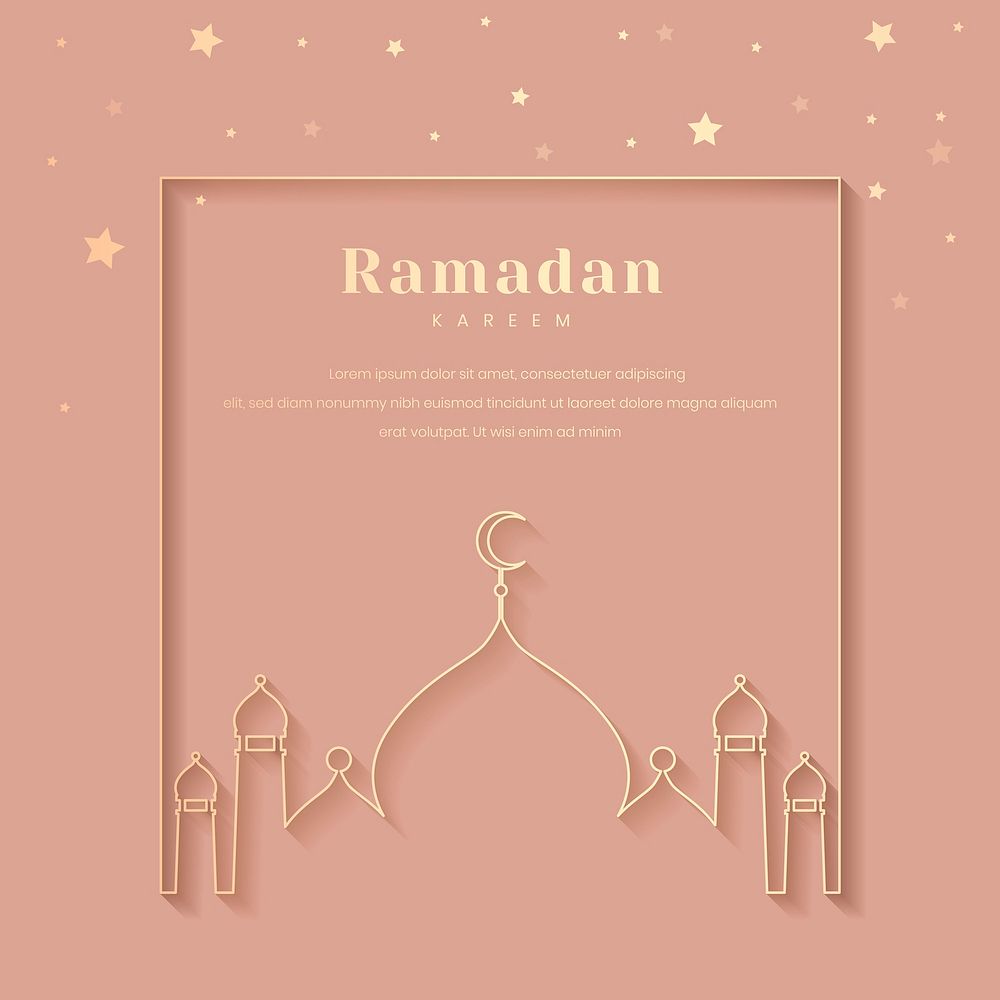 Pink Ramadan Kareem frame with beautiful mosque silhouette