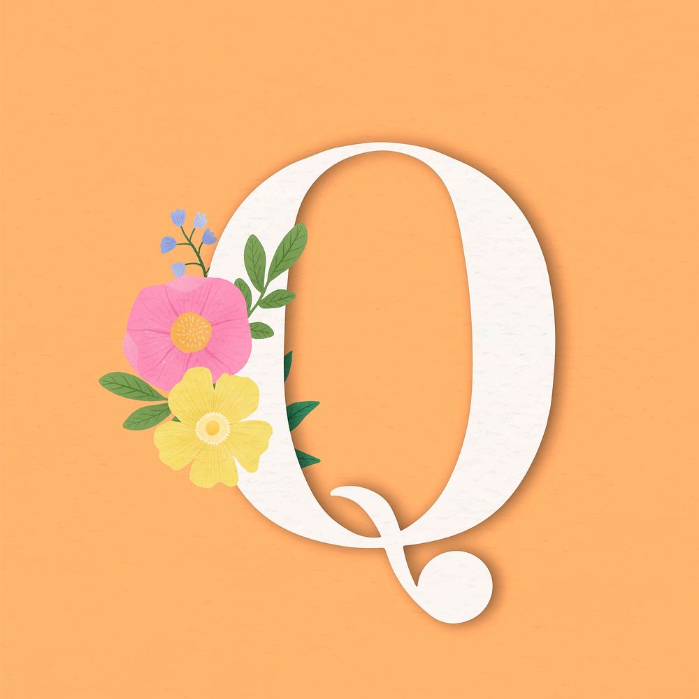 Orange elegant floral letter Q vector