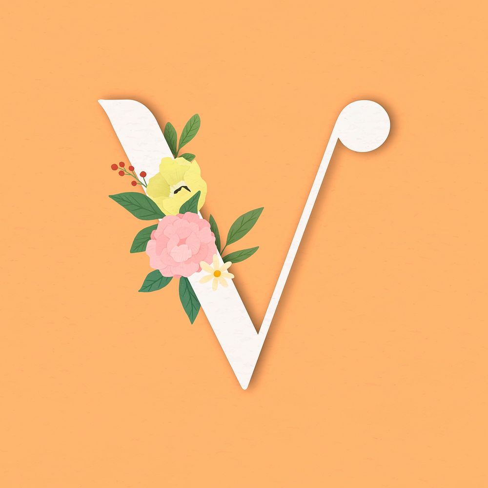 Orange elegant floral letter V vector