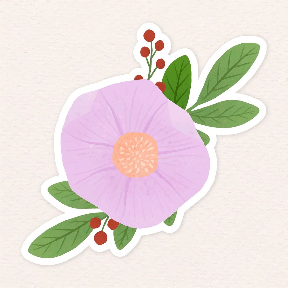 Pink flower with leaves sticker illustration