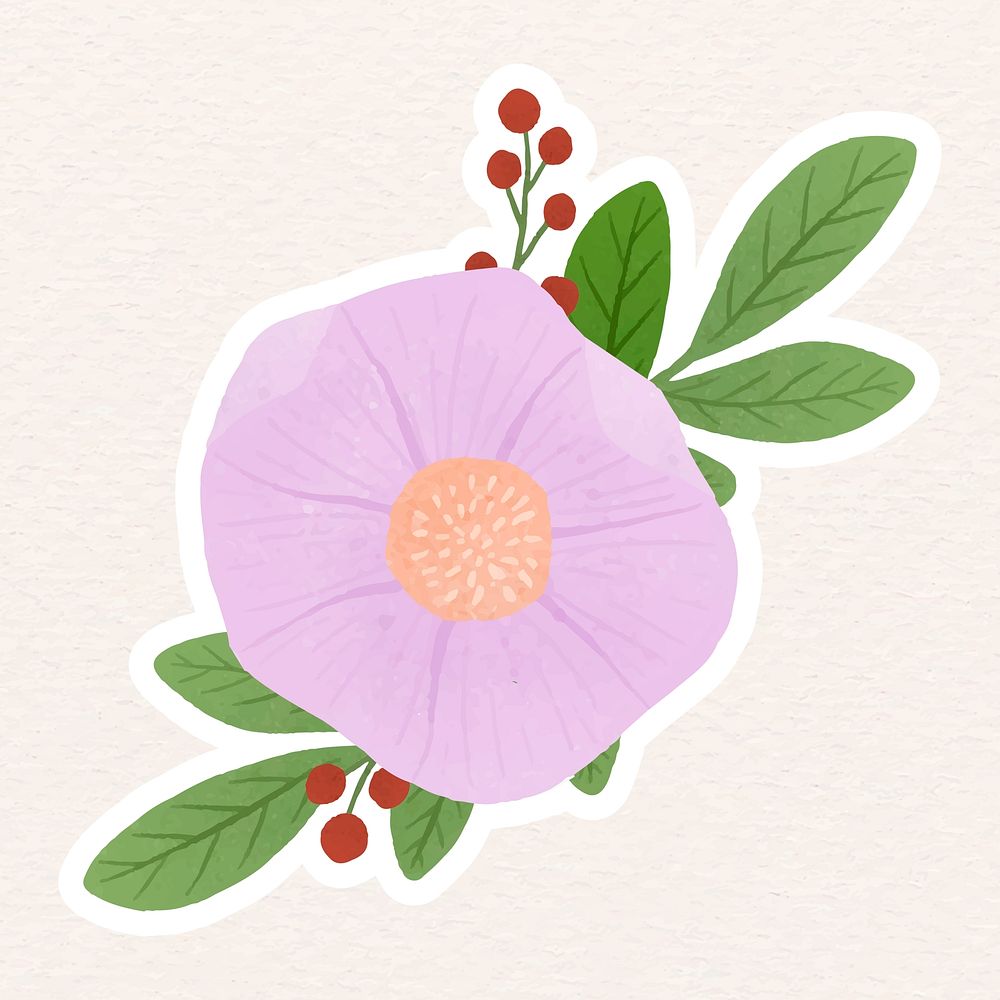 Pink flower with leaves sticker vector