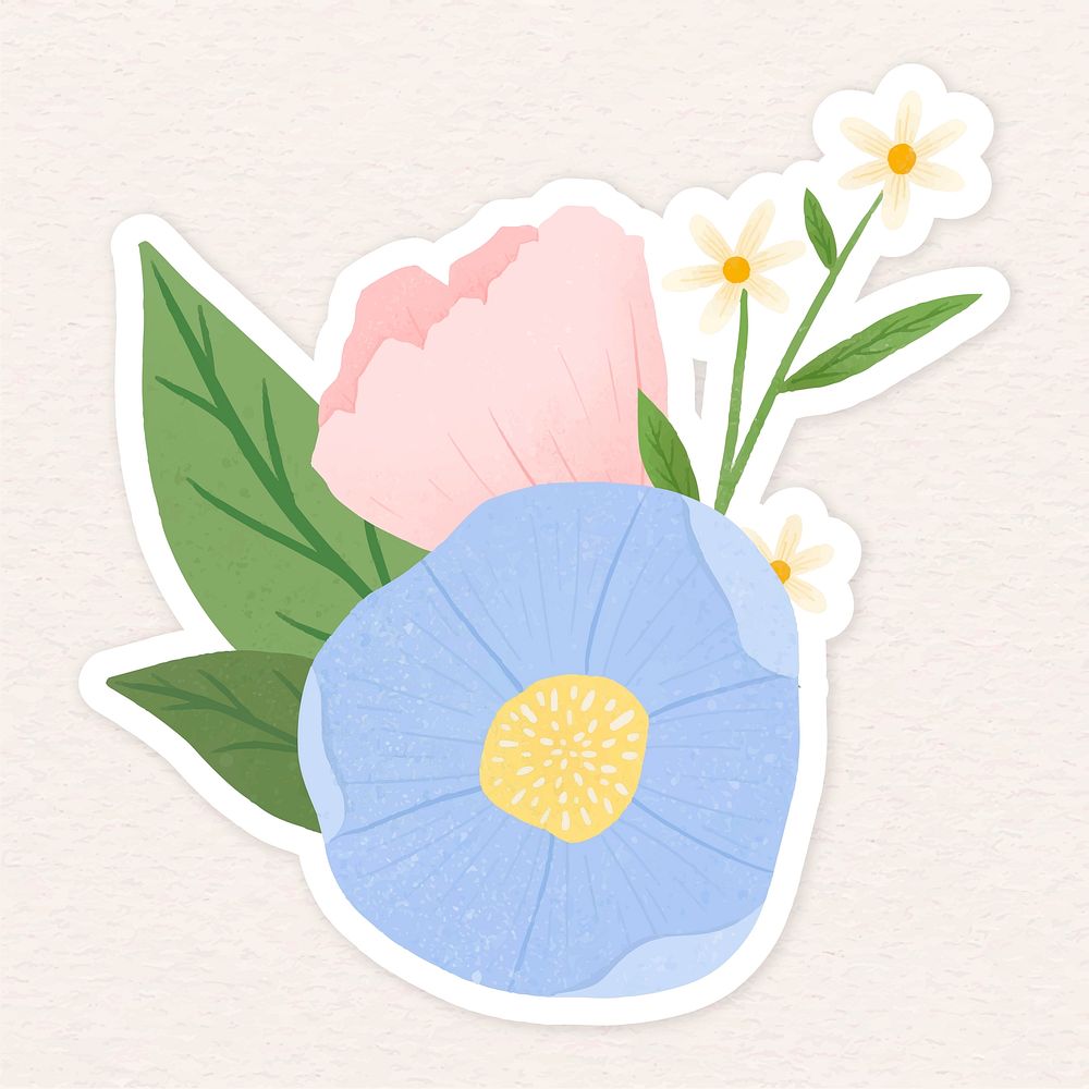 Pale pink and blue flowers with leaves illustration