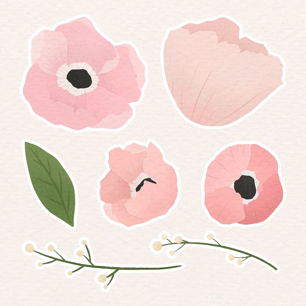 Pale pink floral sticker set vector