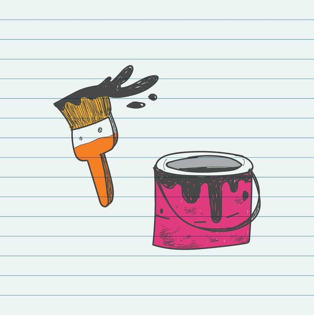 Paintbrush and bucket doodle set vector