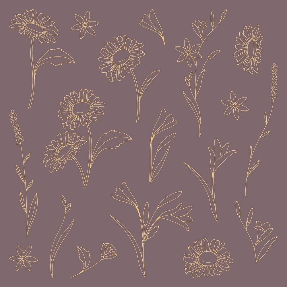 Hand drawn flower patterned purplish brown background vector