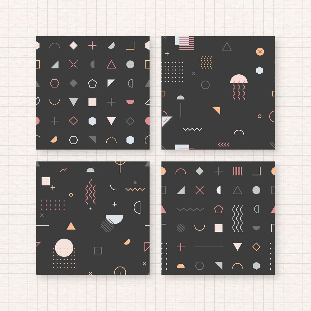 Black Memphis pattern wallpaper vector set