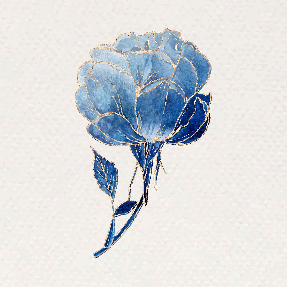 Blue cabbage flower sticker with gold element vector