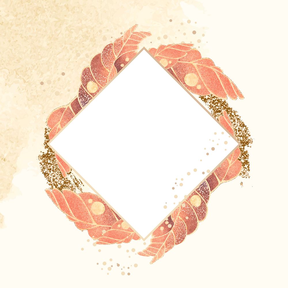 Gold square frame with vintage leaf motifs on a light gold background vector