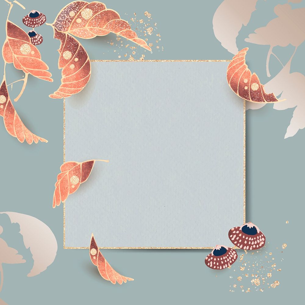 Gold square frame with vintage leaf motifs on a teal background vector