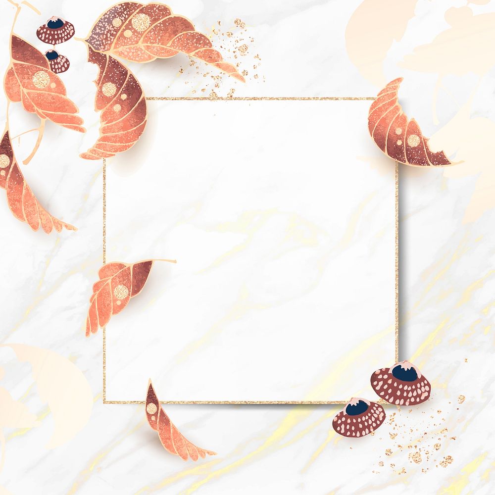 Gold square frame with vintage leaf motifs on a white marble background vector