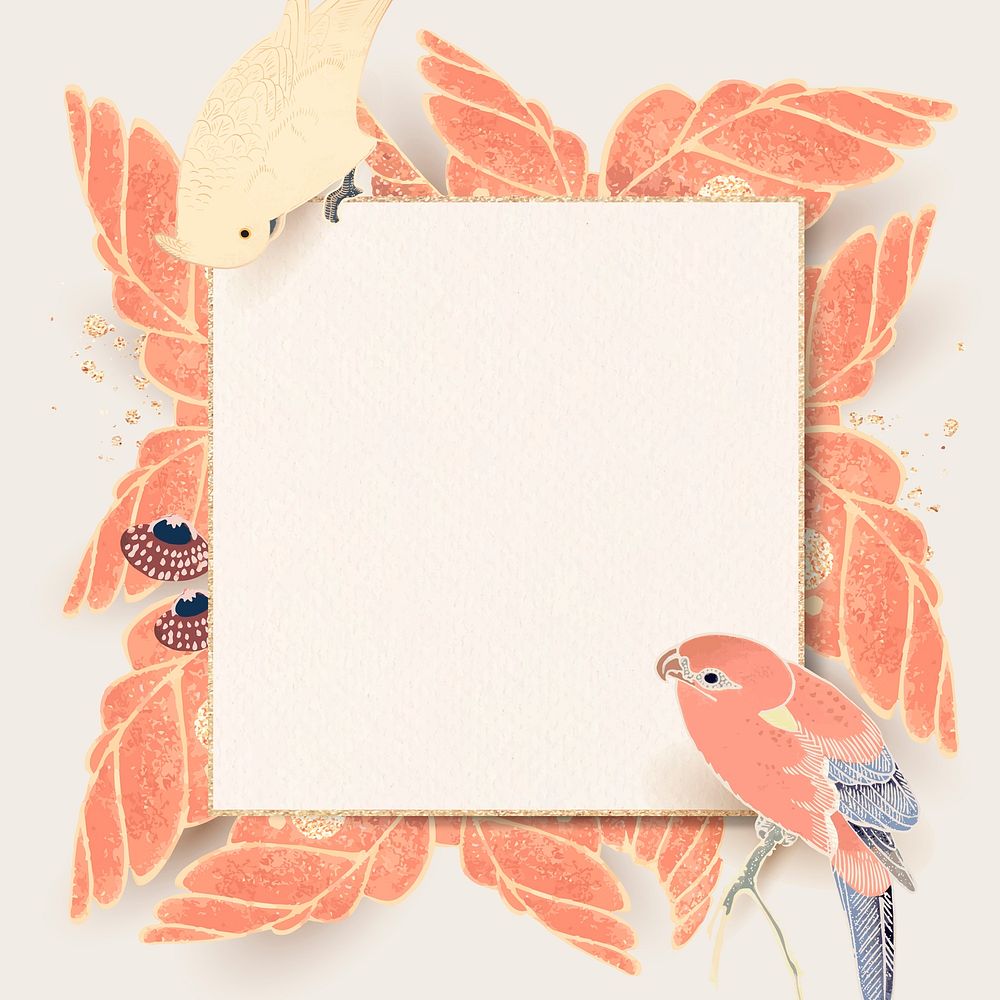 Gold frame with parrot, macaw, and leaf motifs on an ivory background vector