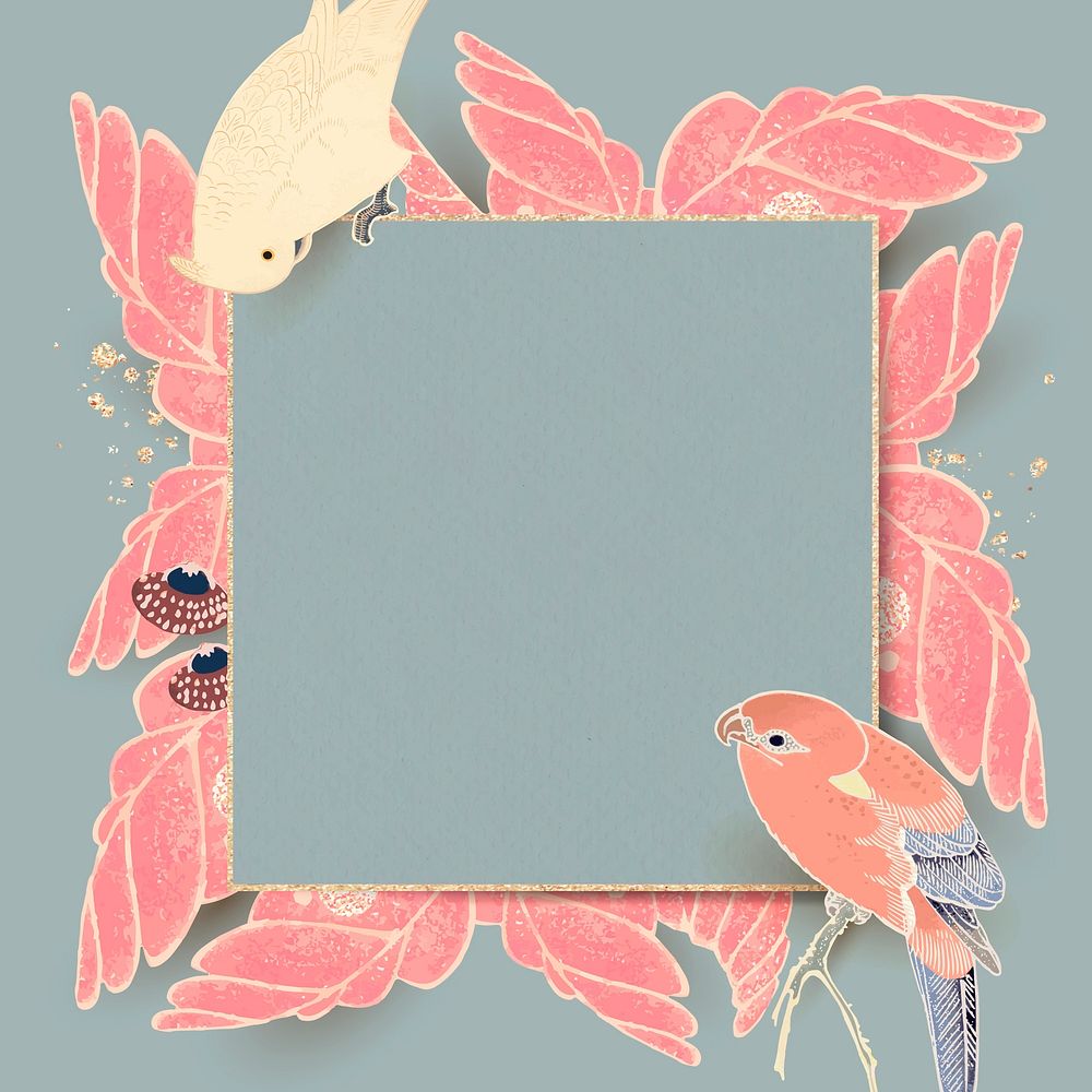 Gold frame with parrot, macaw, and leaf motifs on a teal background vector