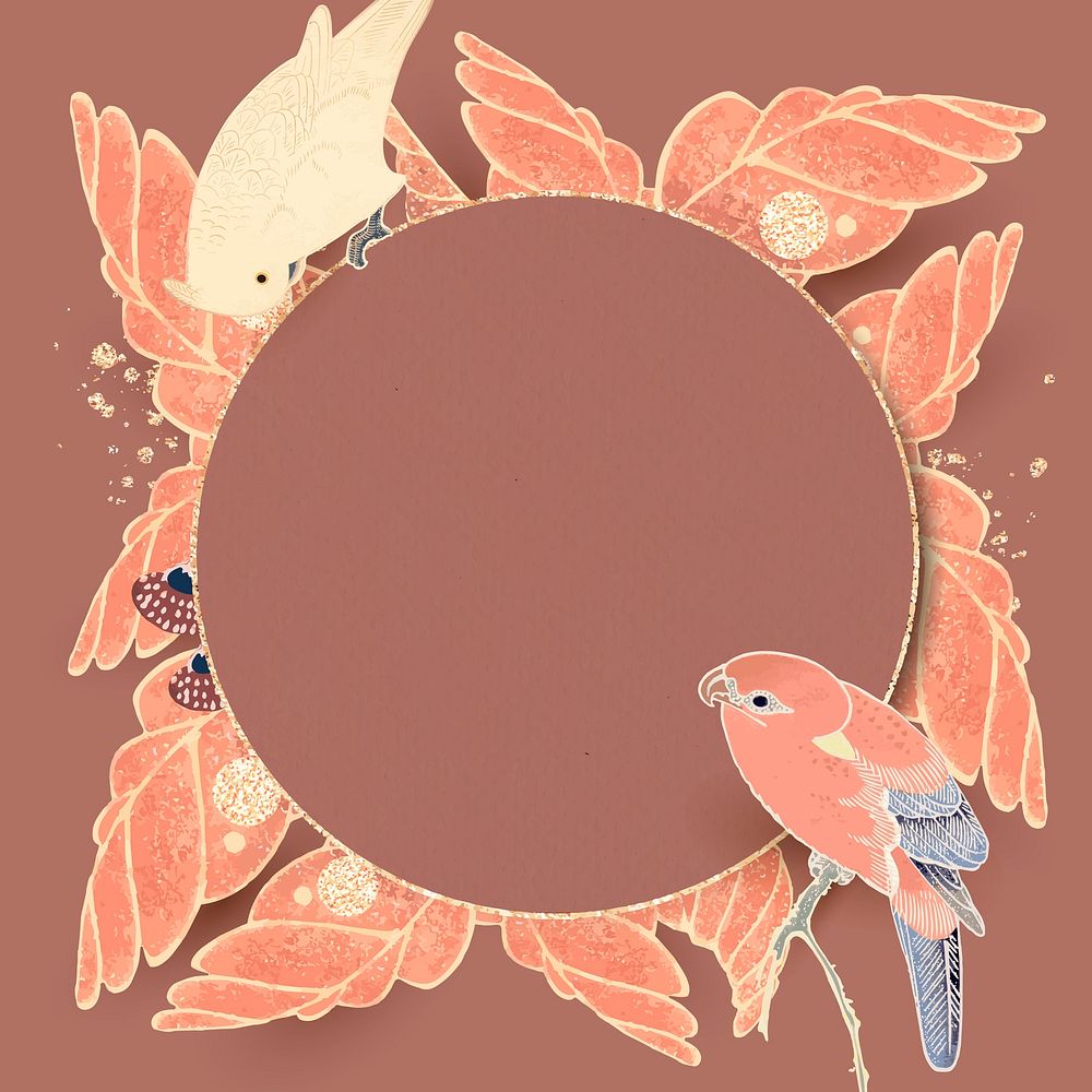 Round gold frame with parrot, macaw, and leaf motifs on a sienna background vector