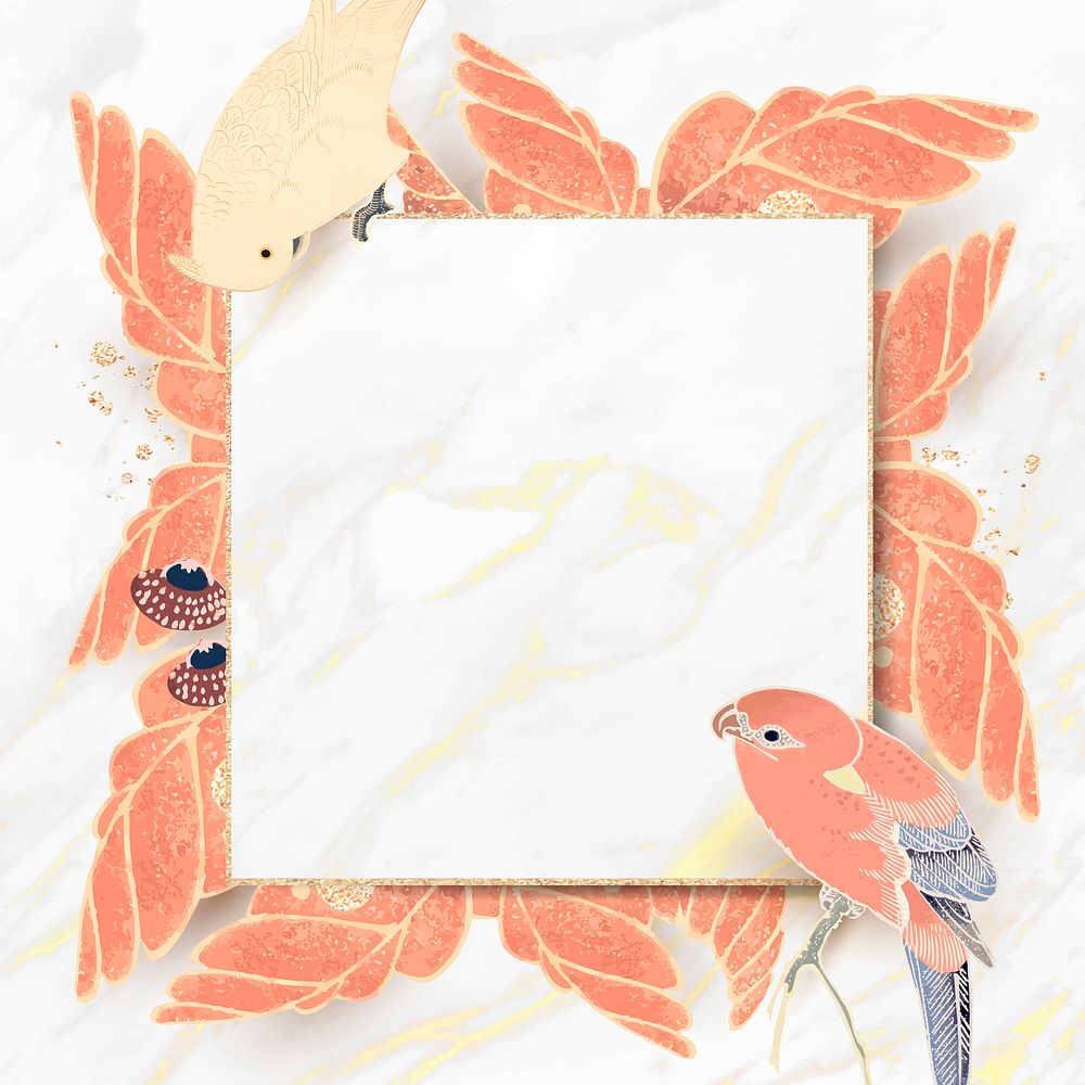 Gold frame with parrot, macaw, and leaf motifs on a white marble background vector