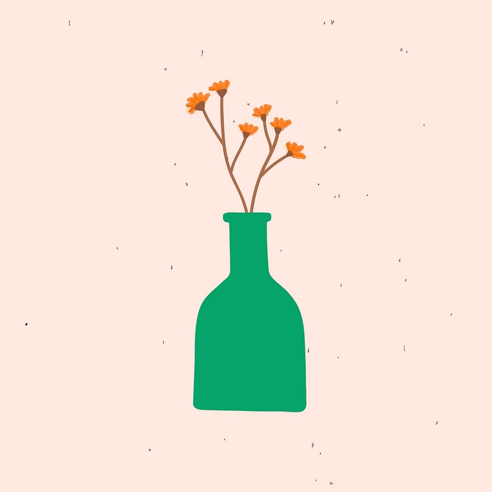 Orange doodle flowers in a green bottle