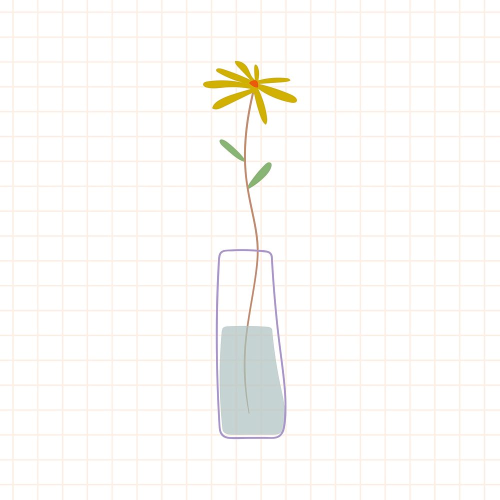 Yellow doodle flower in vase on grid background