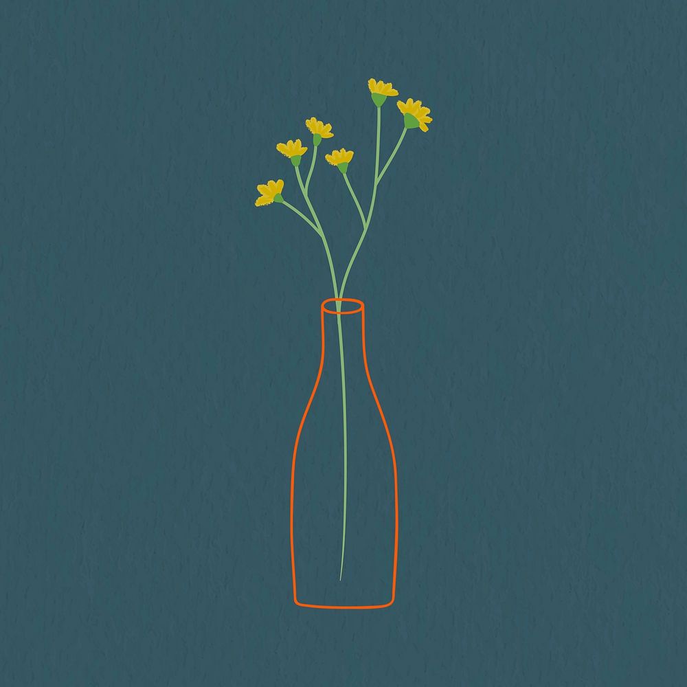 Yellow doodle flowers in a glass vase on blue background