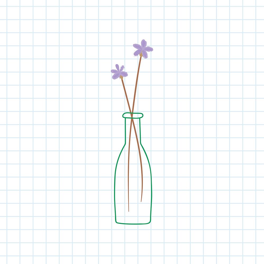 Purple doodle flowers in vase on grid background